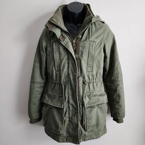Garage Khaki Military Parka Womens Small Utility Jacket Sherpa Lined Hood Grunge